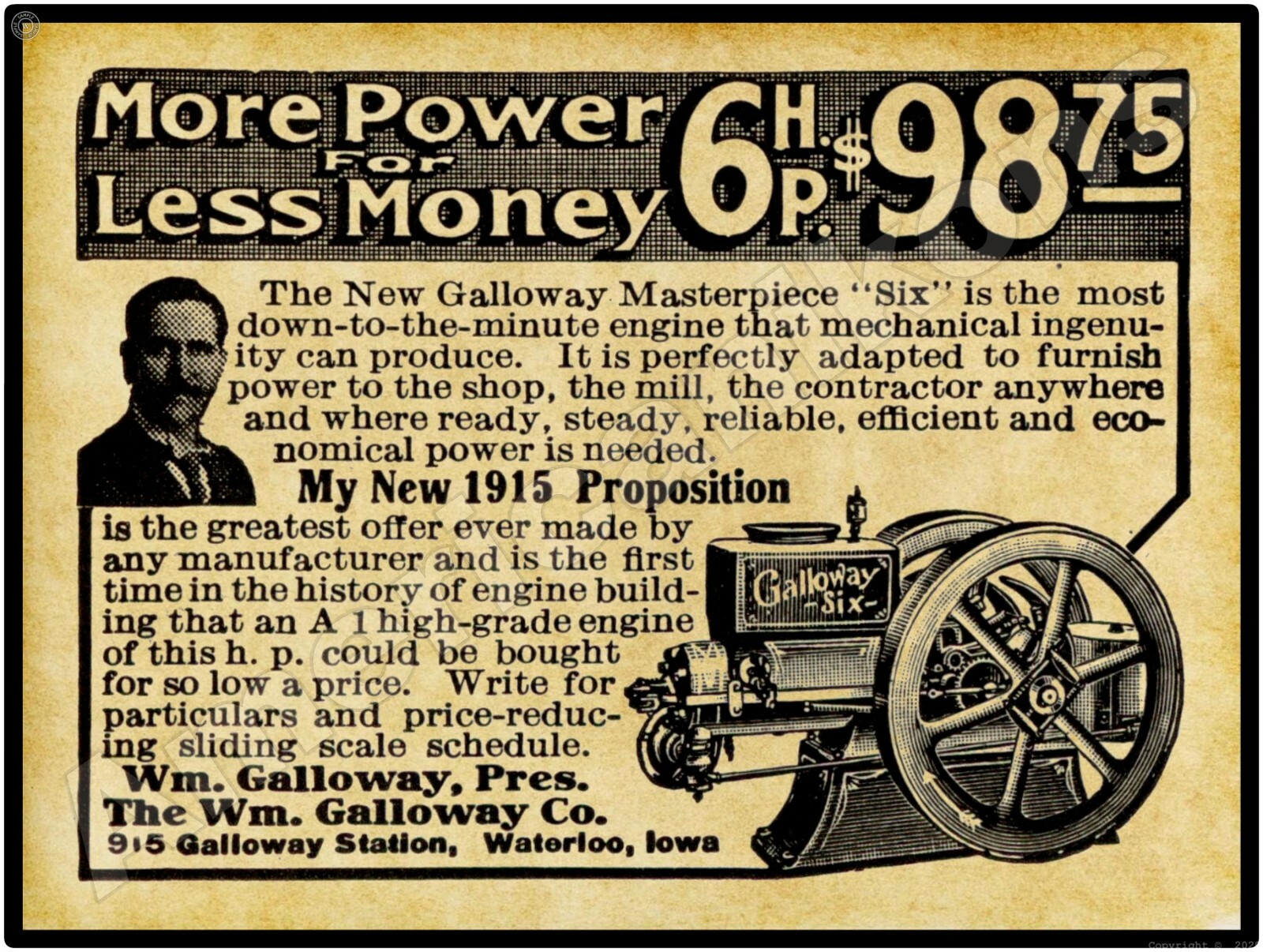 1915 Wm. Galloway Co. Galloway Six Gas Engines New Metal Sign: Waterloo, Iowa
