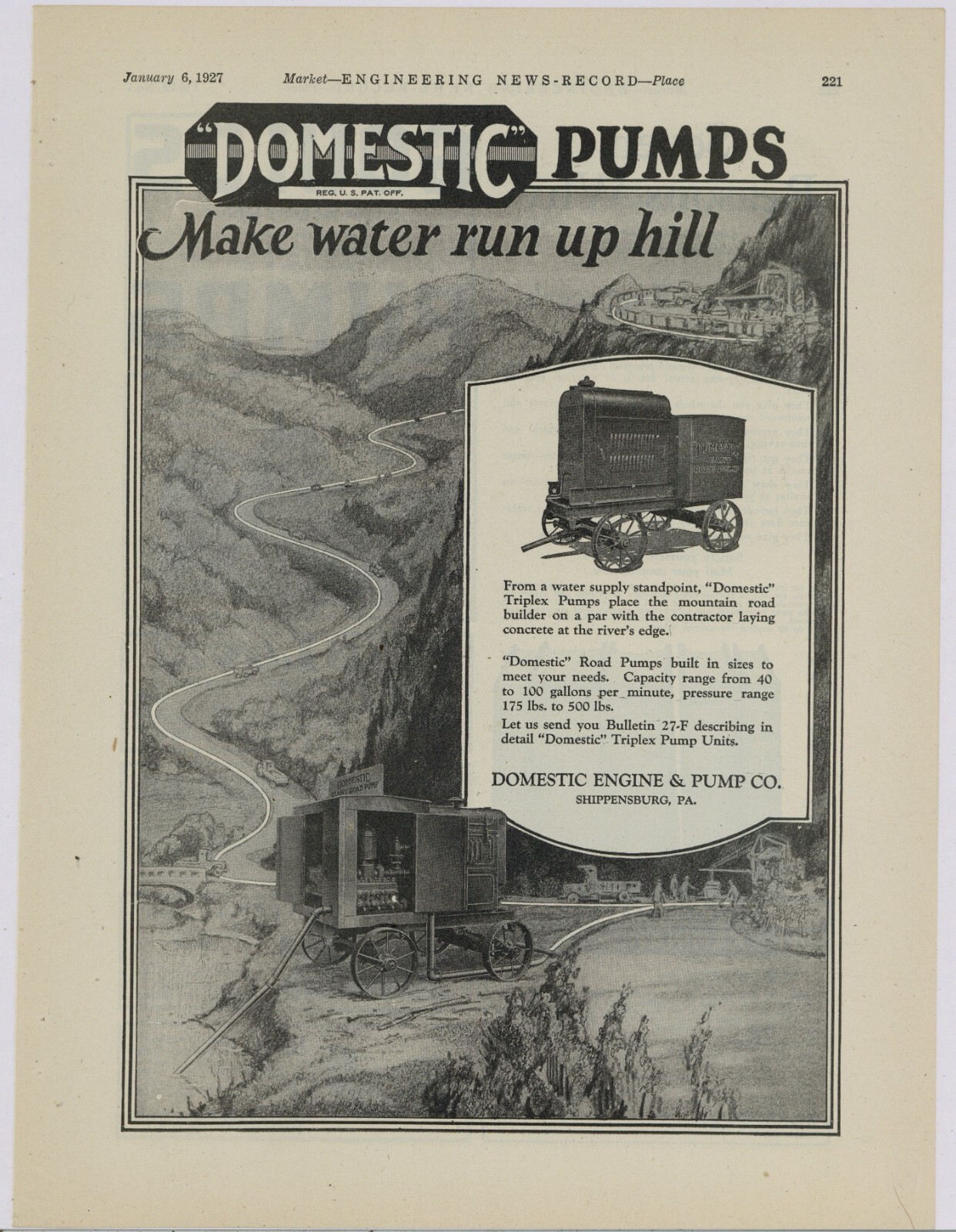 1927 Domestic Engine & Pump Co. Ad: Triplex Pump Picture – Shippensburg, PA