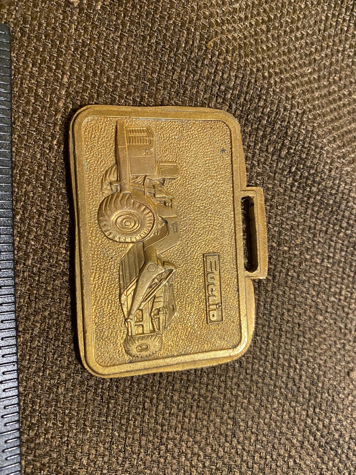 VINTAGE BRASS METAL EMBLEM WATCH FOB -EUCLID EARTH MOVING EQUIPMENT CONSTRUCTION