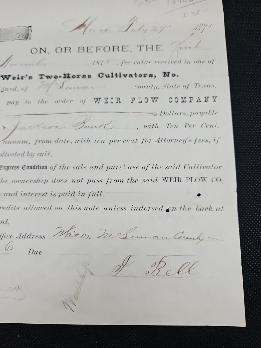 W.S. Weir Two-Horse Cultivator 1873 Weir Plow Company Purchase Form