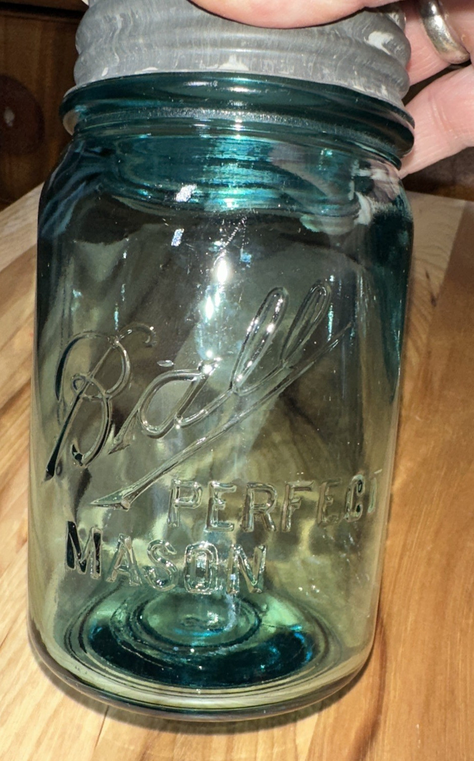 Blue Pint C.1910-23 Ball FLAW “PERFECT (off set to Right)MASON” Zinc & Glass TOP