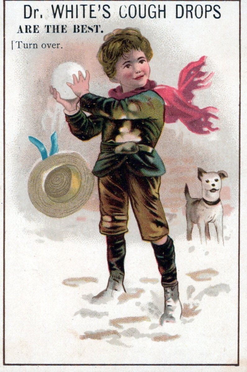 Dr Whites Cough Drops Boy in Snow with Puppy MFG Trade card A12Q