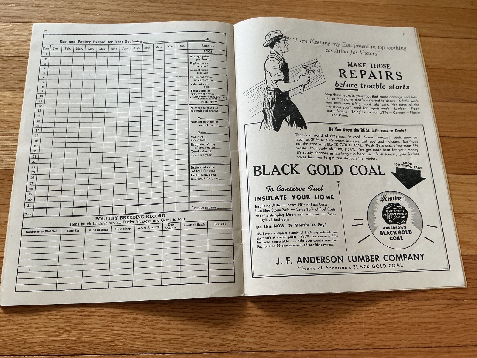 1945 Farm Acct. Record Book – J. F. Anderson Lumber Co. Minnesota, Iowa, Dakotas