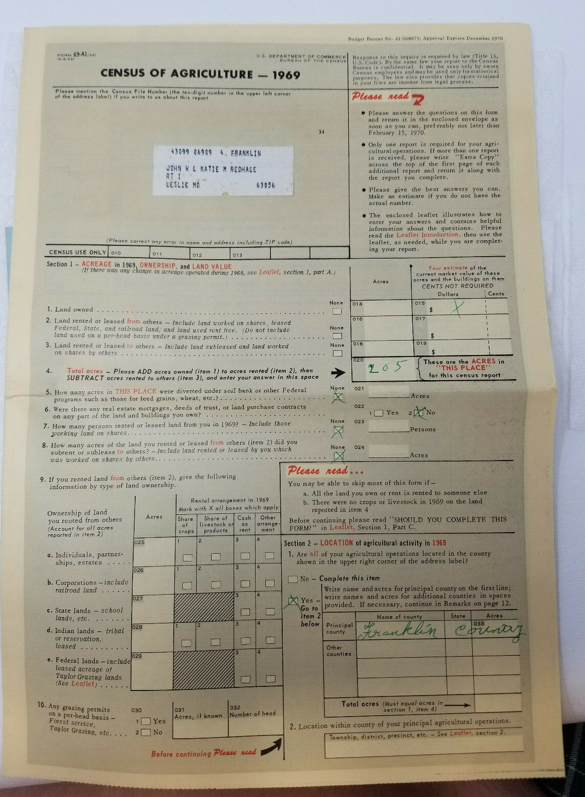Federal United States Census of Agriculture Commerce 1969 Form 69-A1 and Manuals