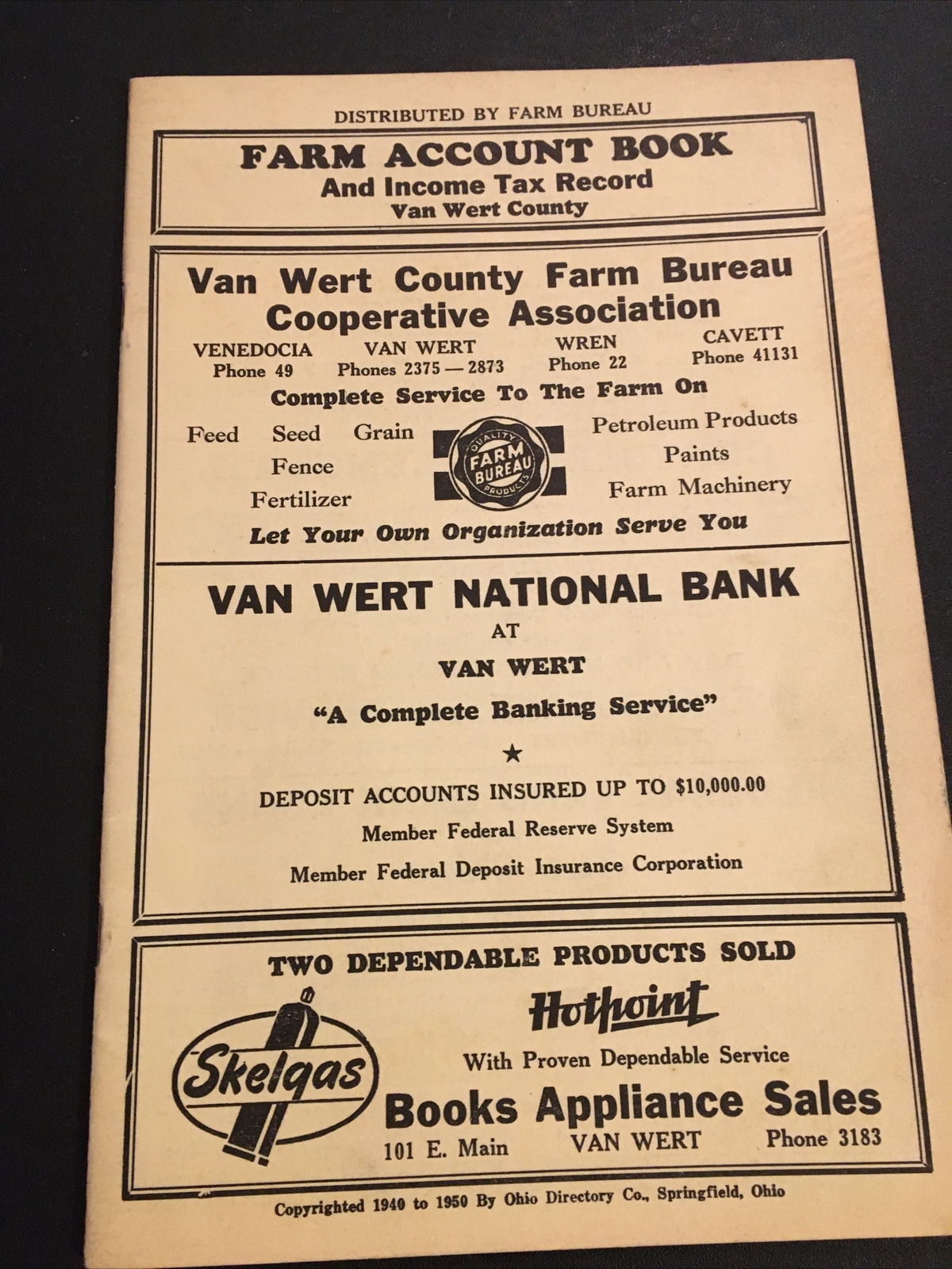 1950 Van Wert Ohio Unused Farm Account Book Springfield Ads