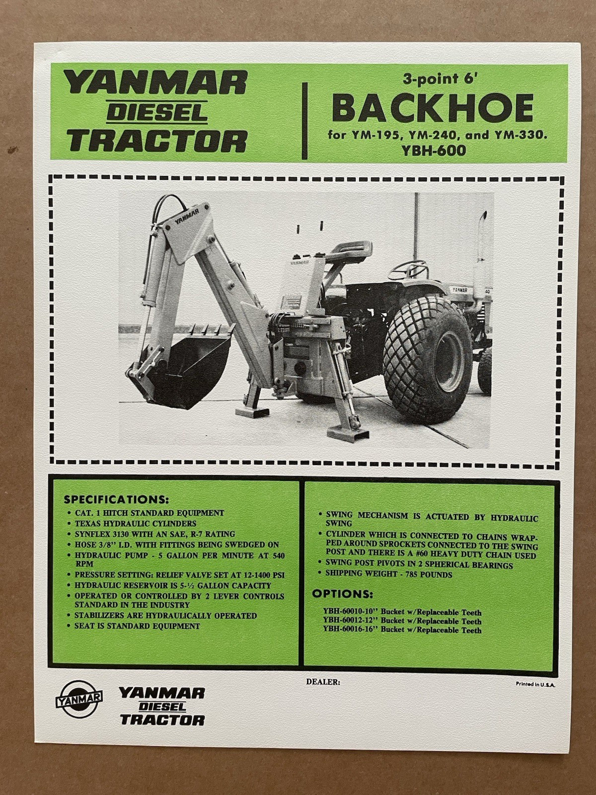 Vintage YANMAR DIESEL TRACTOR Cut-Out Brochure 3-point BACKHOE YM-195 uncut #19