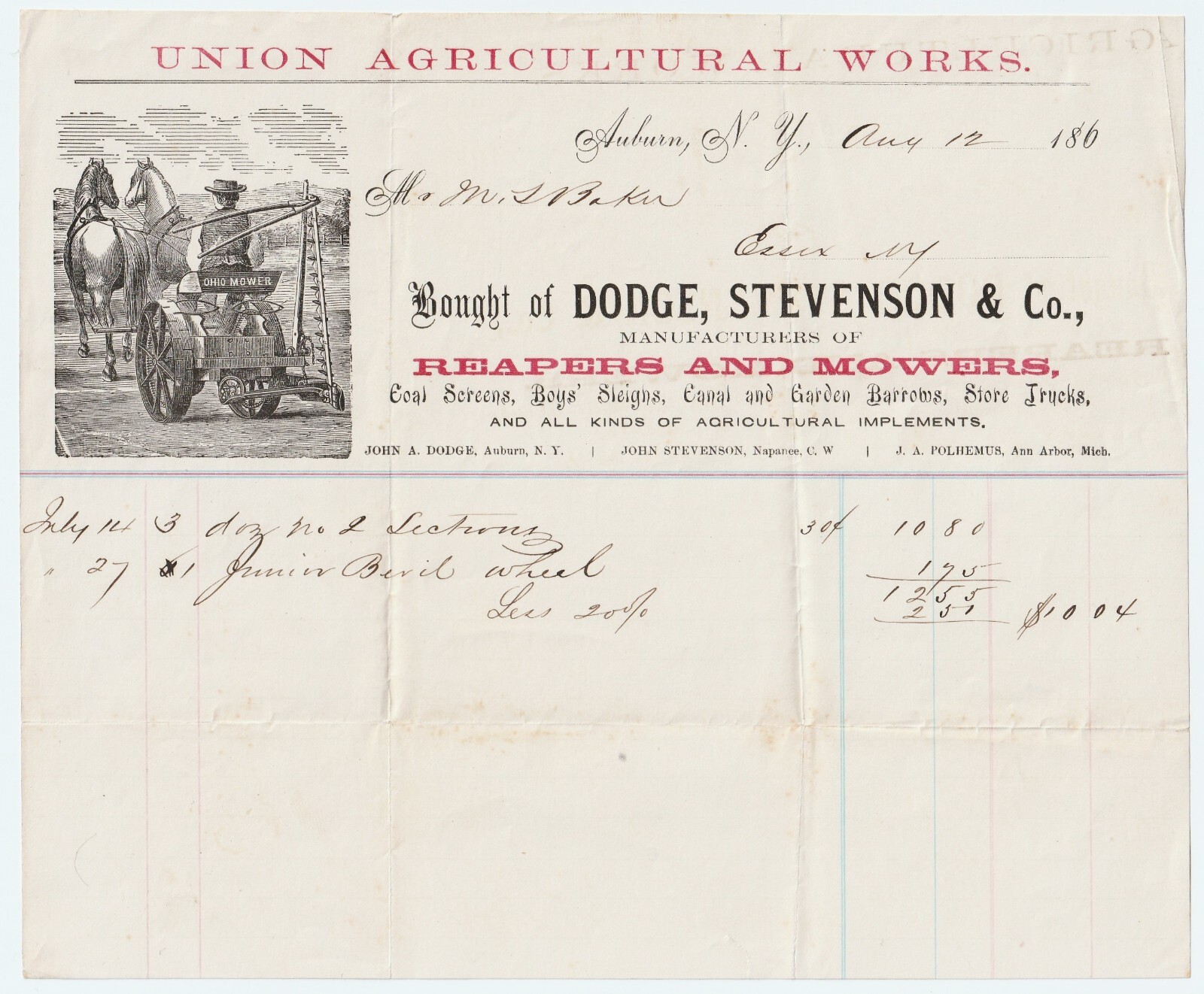 RARE Billhead – Union Agricultural – Dodge Reaper Ohio Mower – 1860 Auburn NY