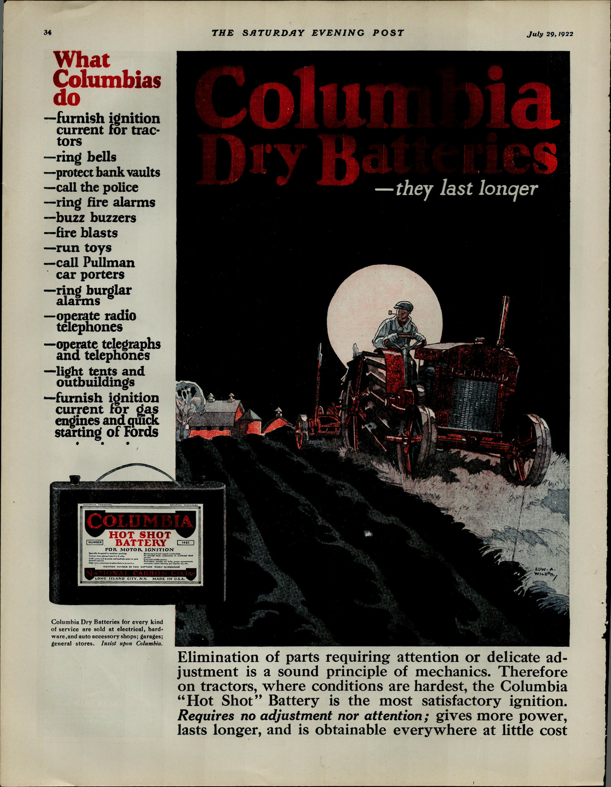 1922 Columbia Dry Batteries They Last Longer Tractor Moon Vintage Print Ad 3672