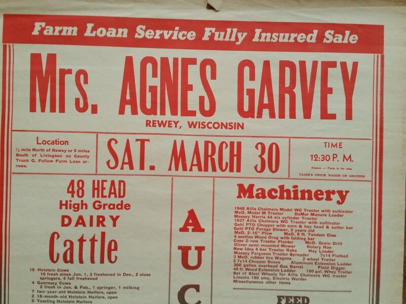 1963 Agnes Garvey Farm Auction Poster Rewey WI Wisconsin Dairy Cattle & Equip