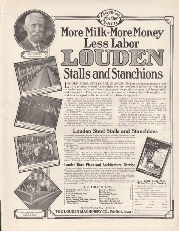1916 LOUDEN MACHINERY STANCHION FARM HORSE LIVESTOCK COW FAIRFIELD BARN19092