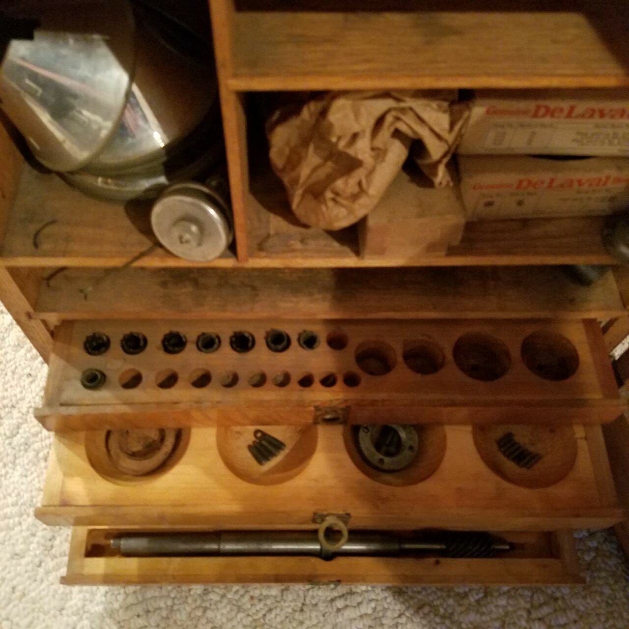ANTIQUE DE LAVAL CREAM SEPARATORS AMERICAN OAK PARTS CABINET, W/ ORIGINAL PARTS