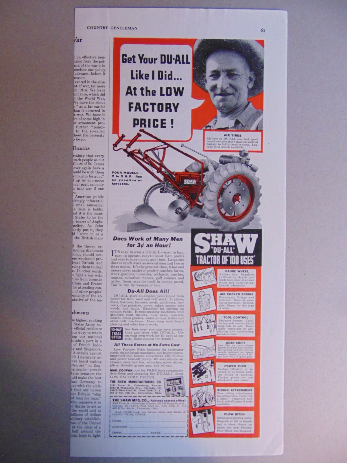 1939 SHAW DU-ALL Tractor vintage art print ad