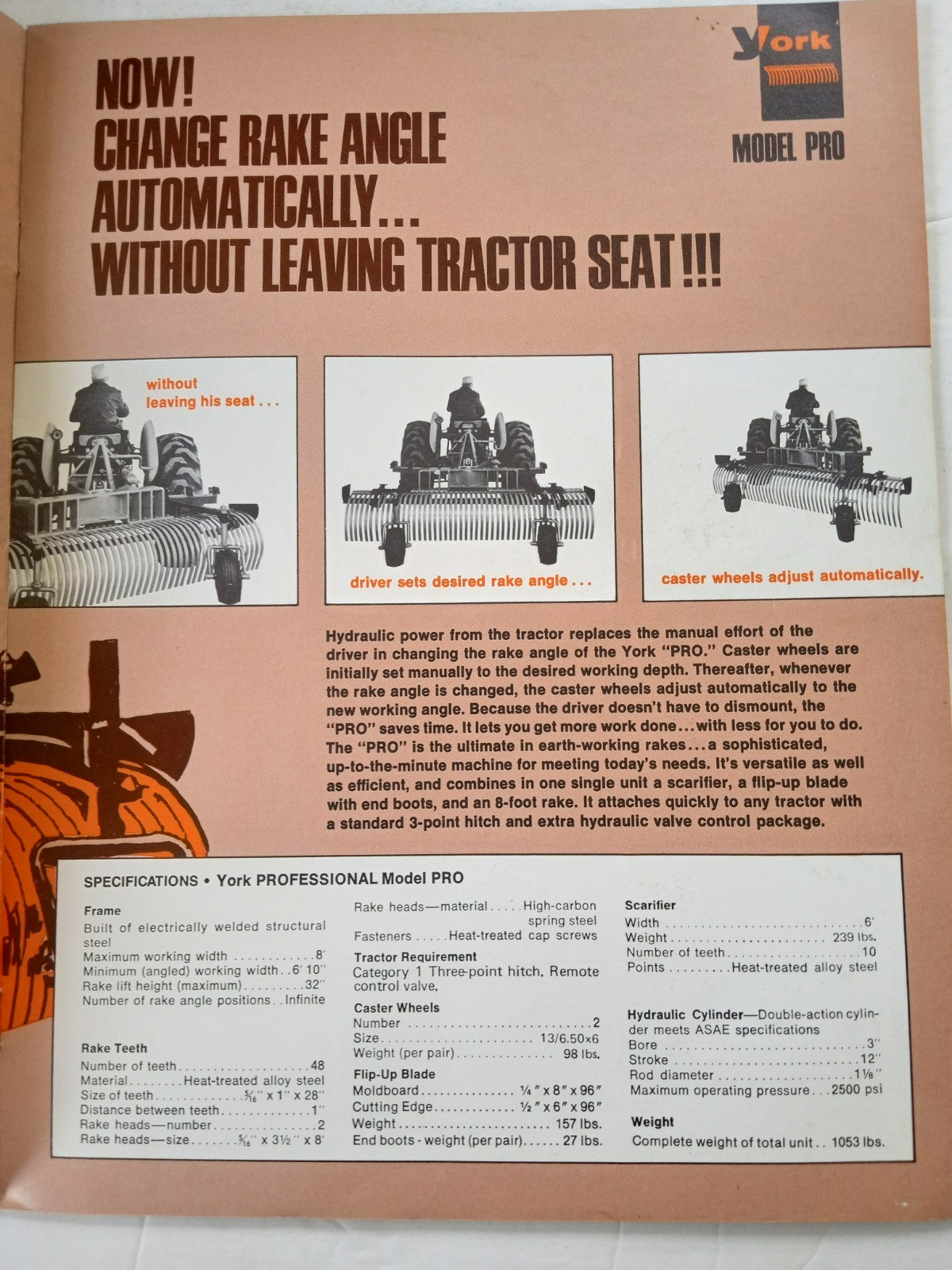 YORK RAKES Sales Brochure Models PRO RE RS TA1 TA2 RW Catalog 1970&rsquo;s