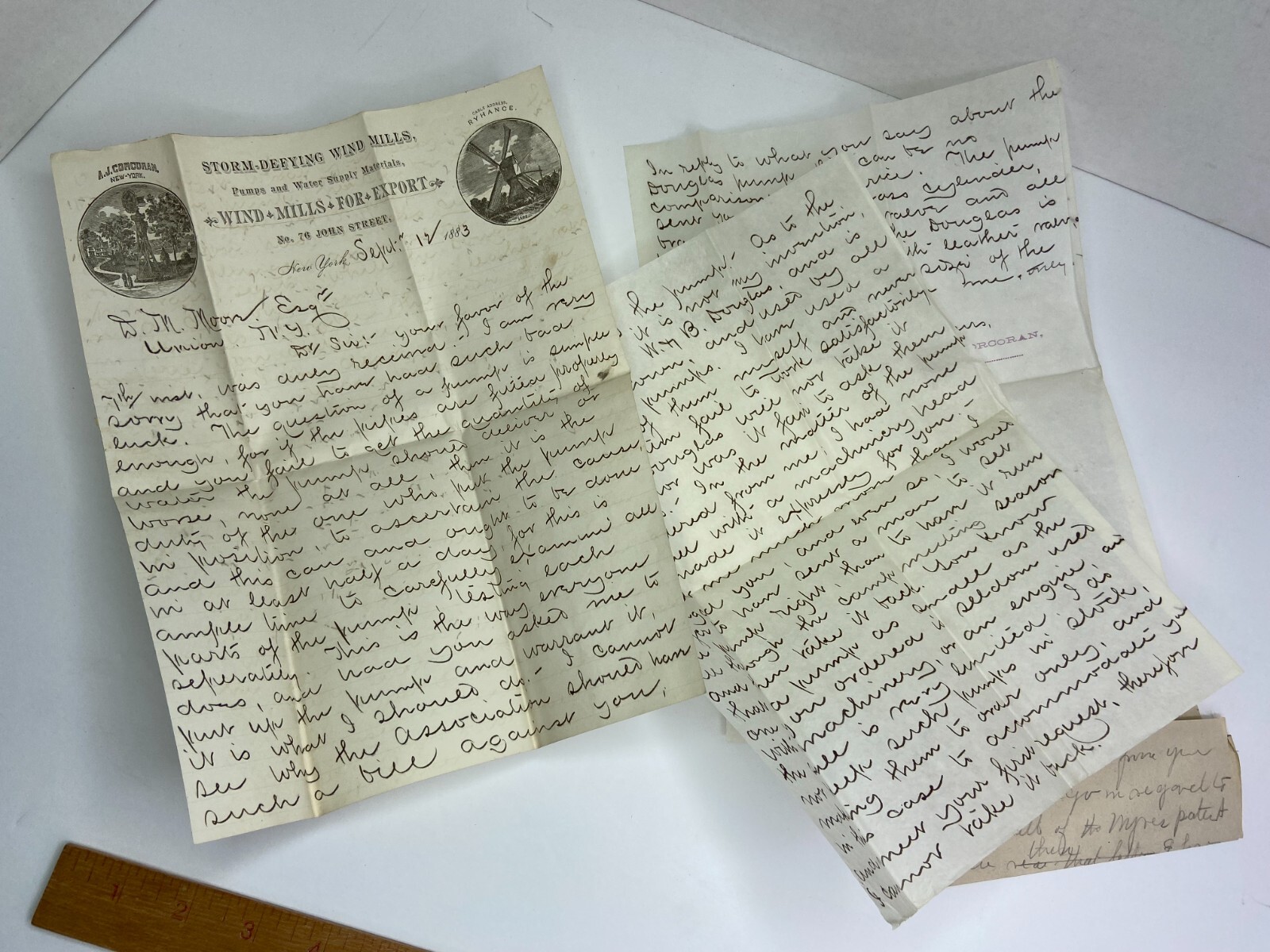 RARE ARCHIVE Letters EPHEMERA Billheads etc – Andrew Corcoran Wind Mills NY 1883