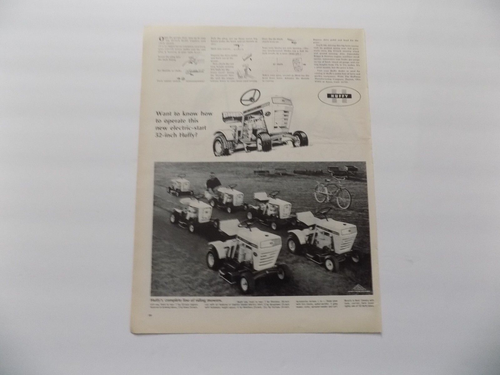 1968 PRINT AD HUFFY LAWN TRACTOR ELECTRIC START 32 IN BICYCLES