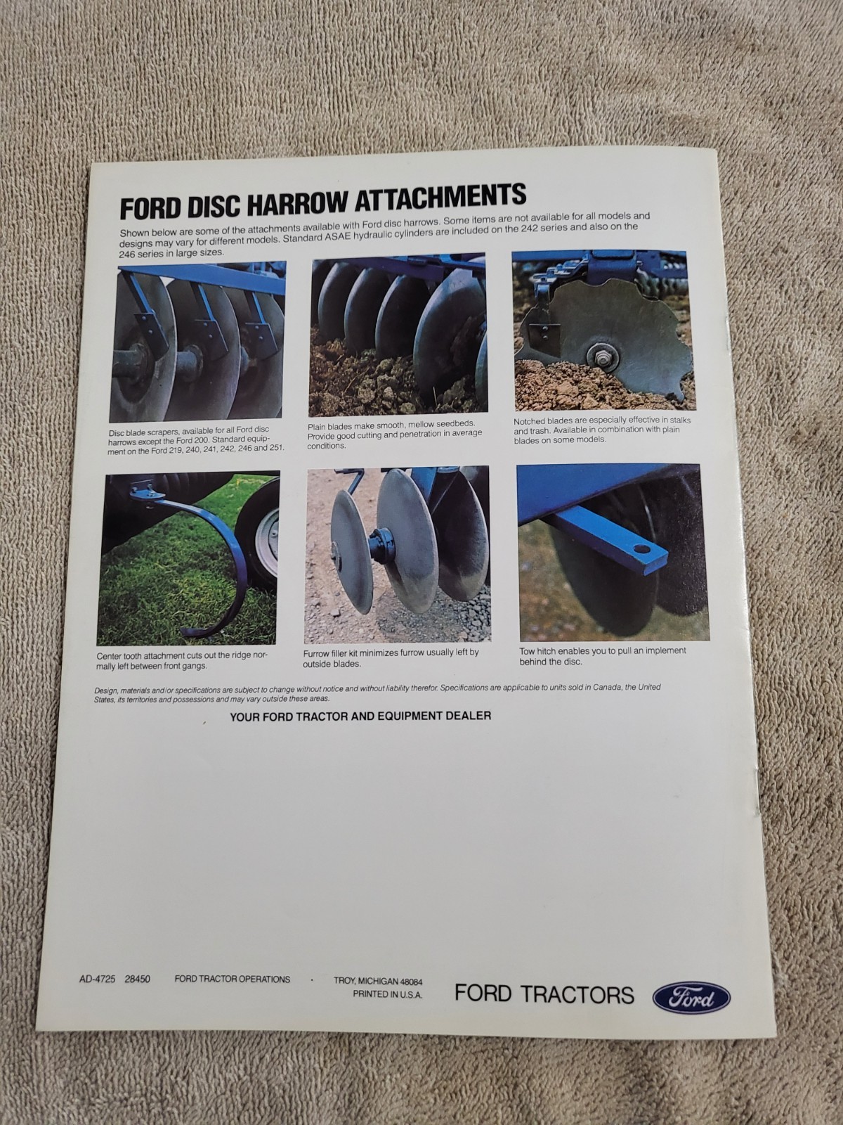 1984 Vintage Ford 200-251 Disk Harrow BROCHURE Tractor on Cover: TW-15 Troy, MI.