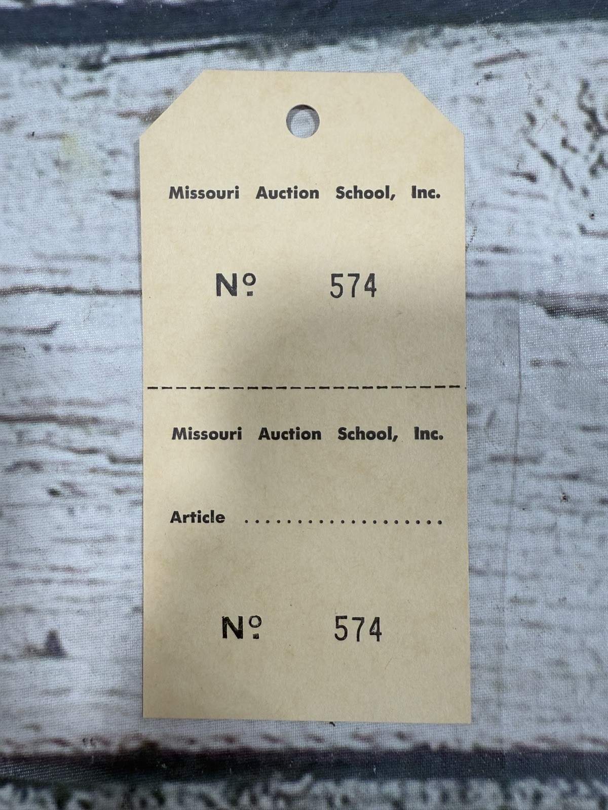 VTG Missouri Auction School No. 574 Paper Bidder ID Tag Public Auction Sale