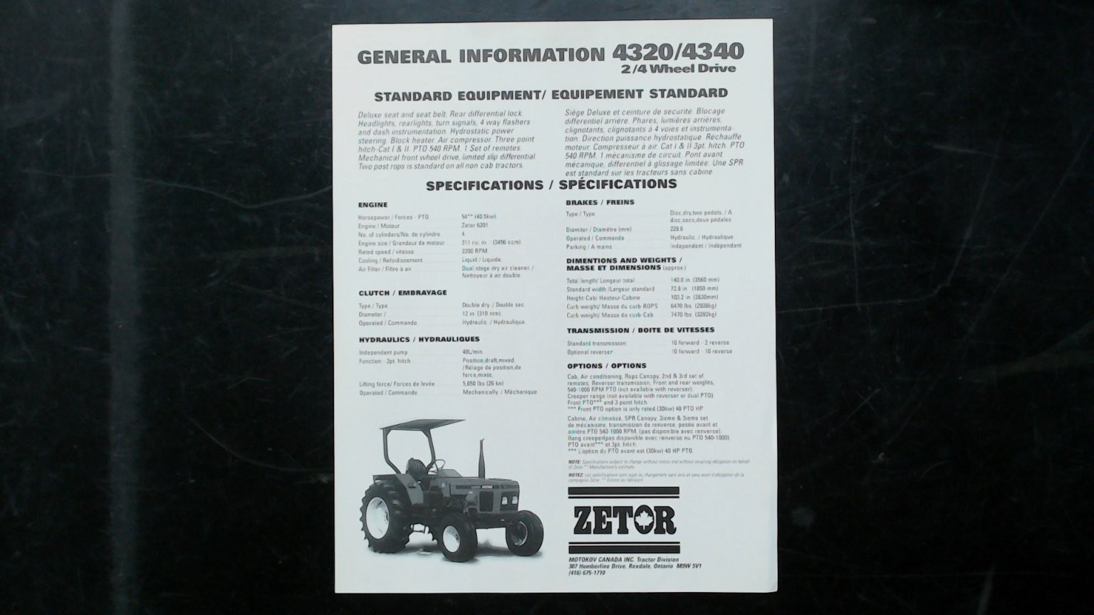 Zetor 4320/4340 Tractor Brochure 2/4 Wheel Drive Agriculture
