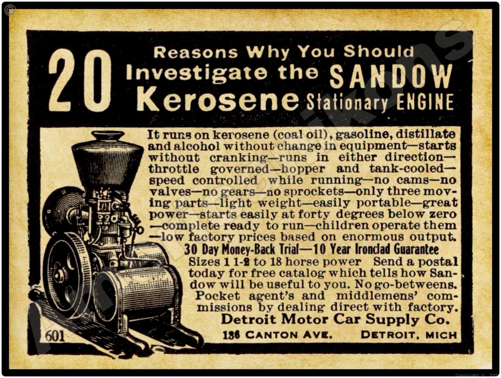 1915 Ellis Kerosene Engine of Detroit, Michigan New Metal Sign: Large Size