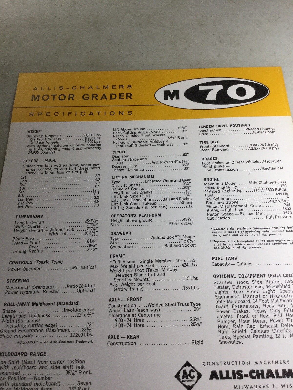 Allis Chalmers M70 Motor Grader Sales Brochure, Literature