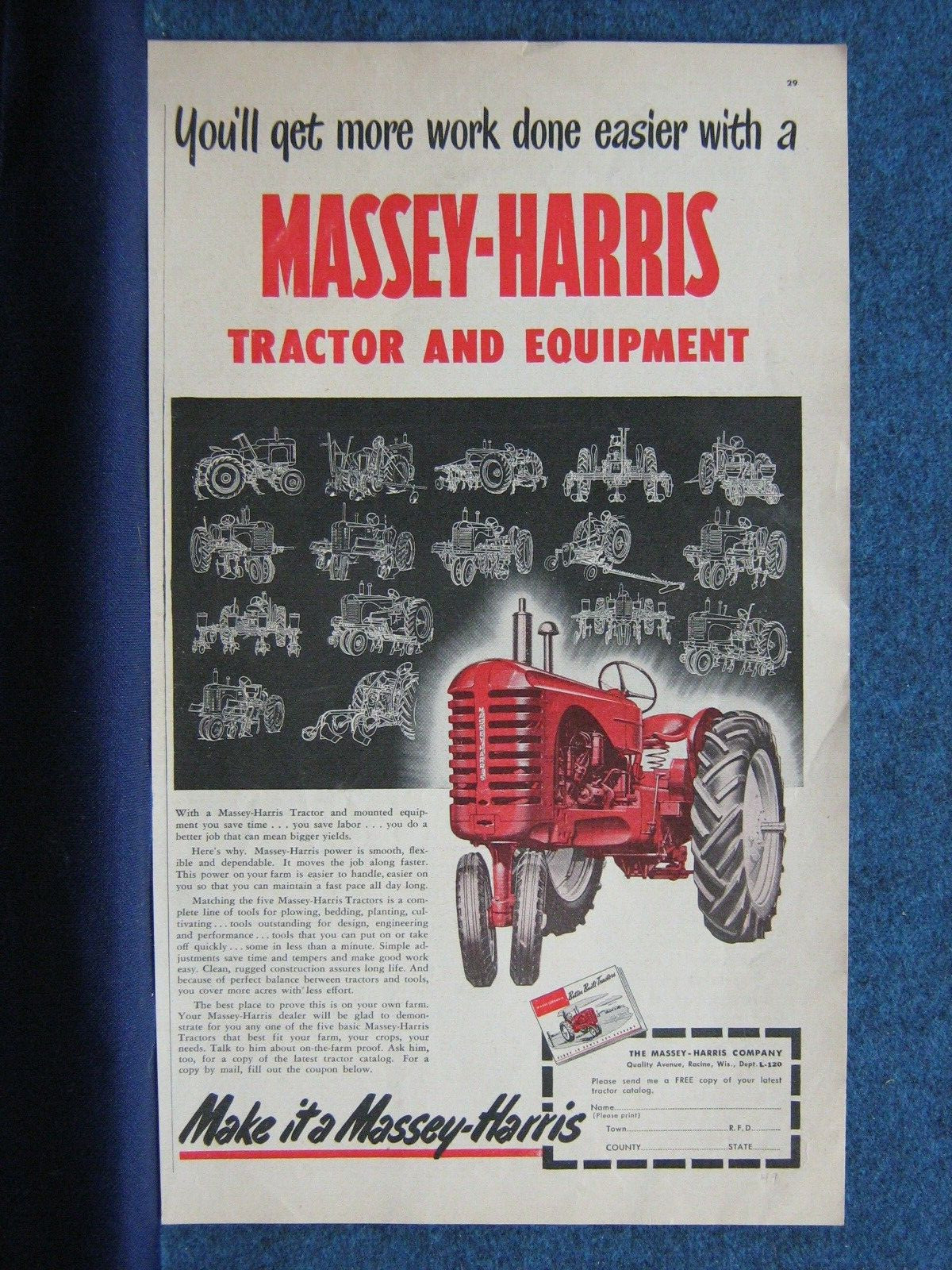 1949 Massey-Harris Tractor & Farm Equipment Ad – More Work Will Get Done Easier