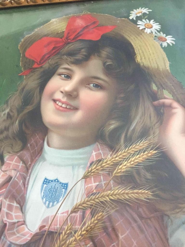 Antique The Johnston Harvester Co Framed Farm Girl Agriculture Advertising 22×20