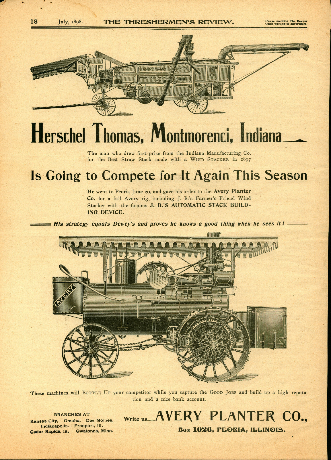 1898 Avery Planter Co. Ad: Yellow Fellow Thresher & Steam Tractor – Peoria, IL