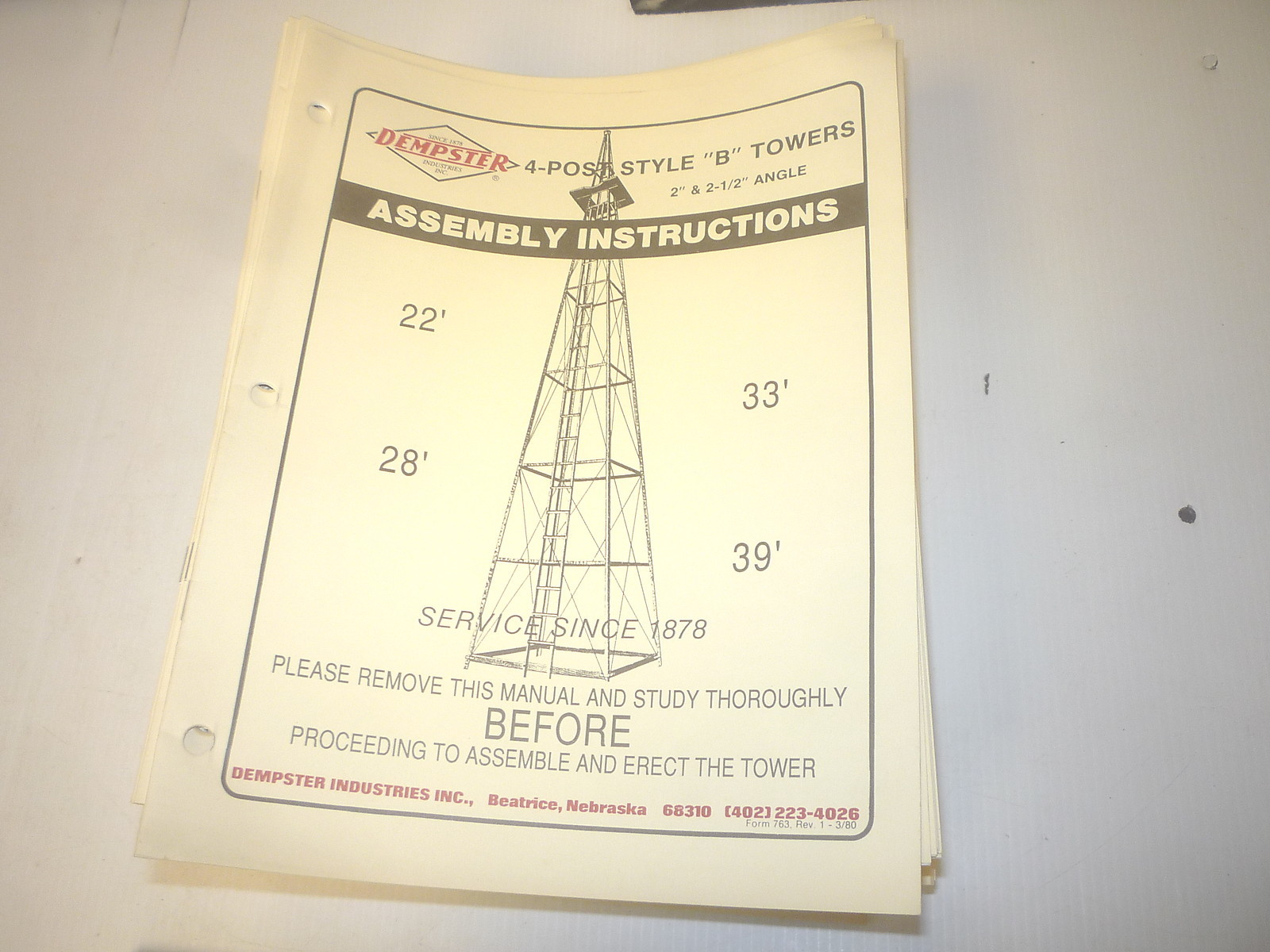 OLD DEMPSTER WINDMILL Co 4 POST STYLE B TOWER ASSEMBLY INSTRUCTION