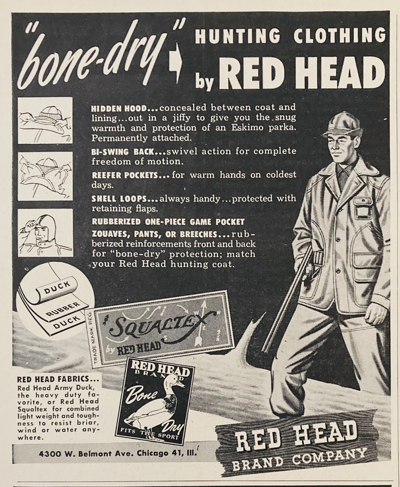 1951 AD.(XH57)~RED HEAD BRAND CO. CHICAGO. RED HEAD BRAND HUNTING CLOTHES