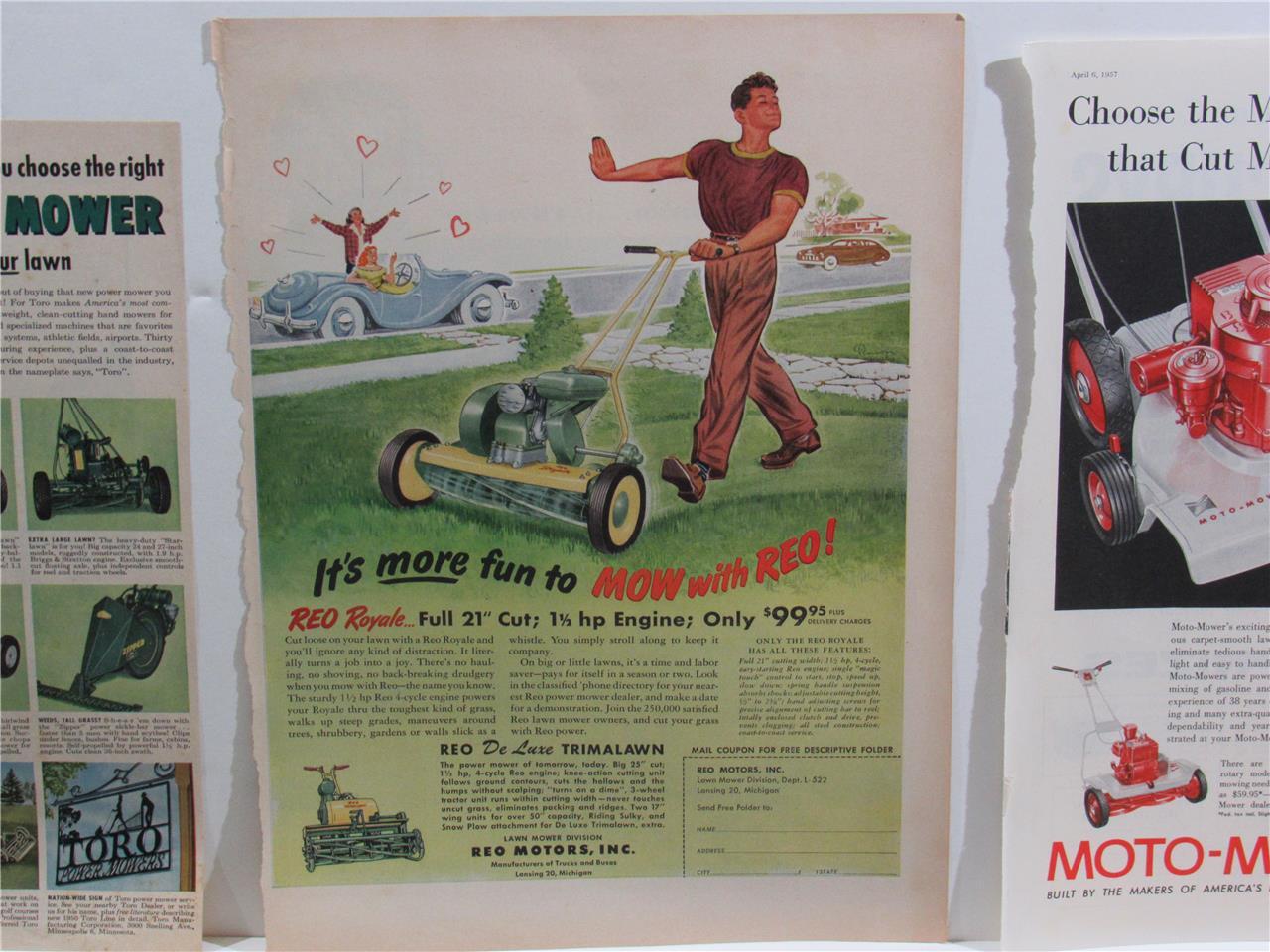 ORIGINAL VINTAGE ANTIQUE~ 1950s – 70s MIXED RIDE & PUSH LAWNMOWER ~ PRINT AD LOT