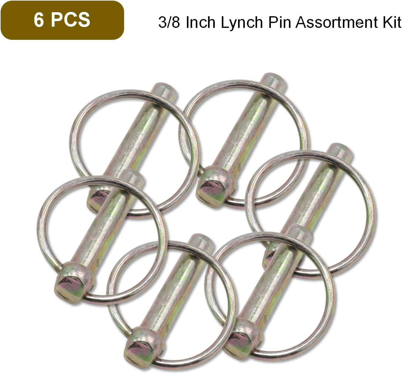 3/8 Inch Lynch Pin Assortment Kit, 6Pcs Heavy Duty round Linch Pins with Ring, L