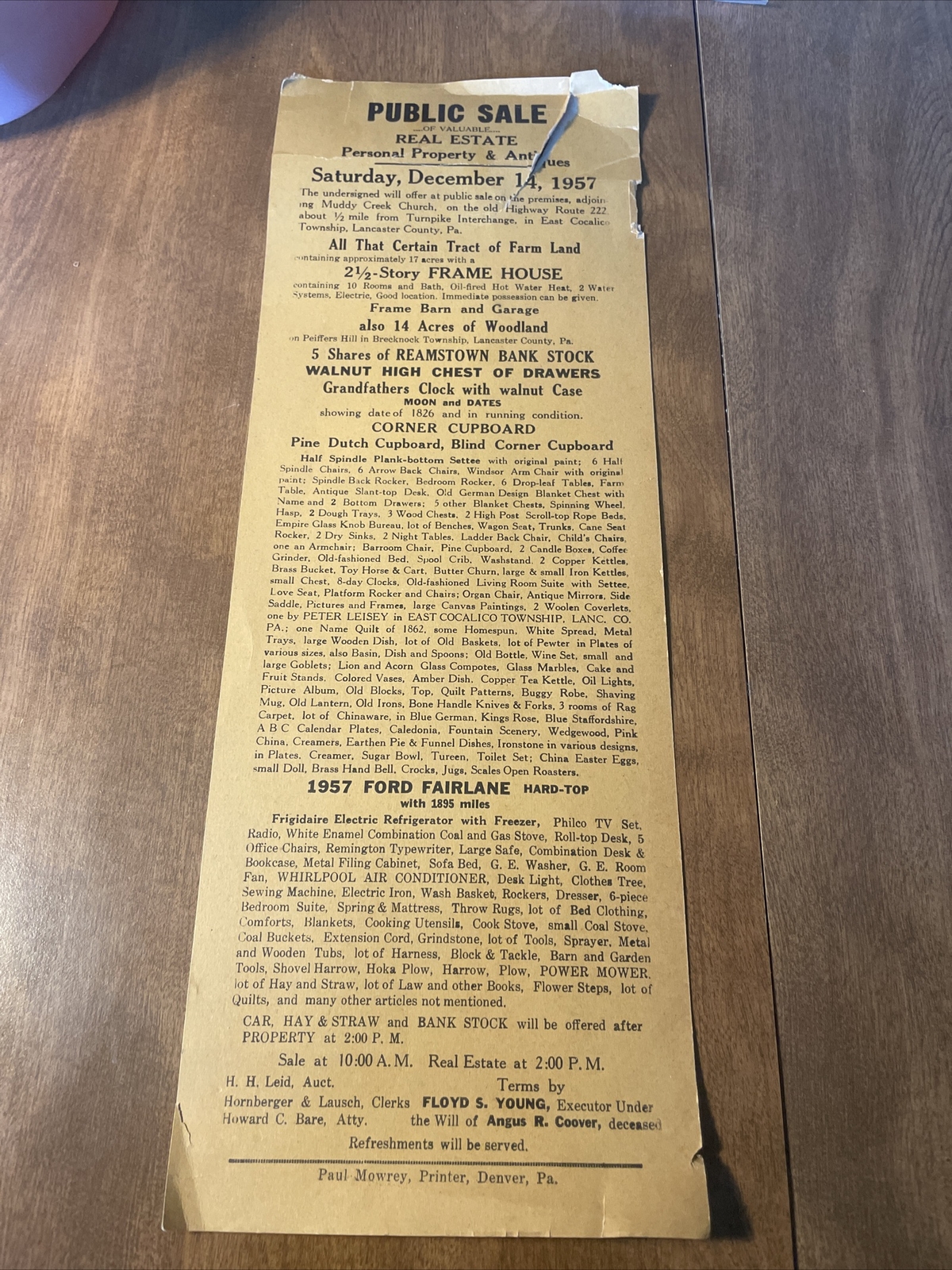 Public Sale Broadside Auction 1957 Bill FORD FAIRLANE BANK STOCK MORE