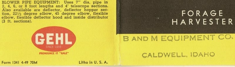 Gehl Bros. vintage 1949 brochure Forage Harvester; Caldwell, Idaho Equipment Co.