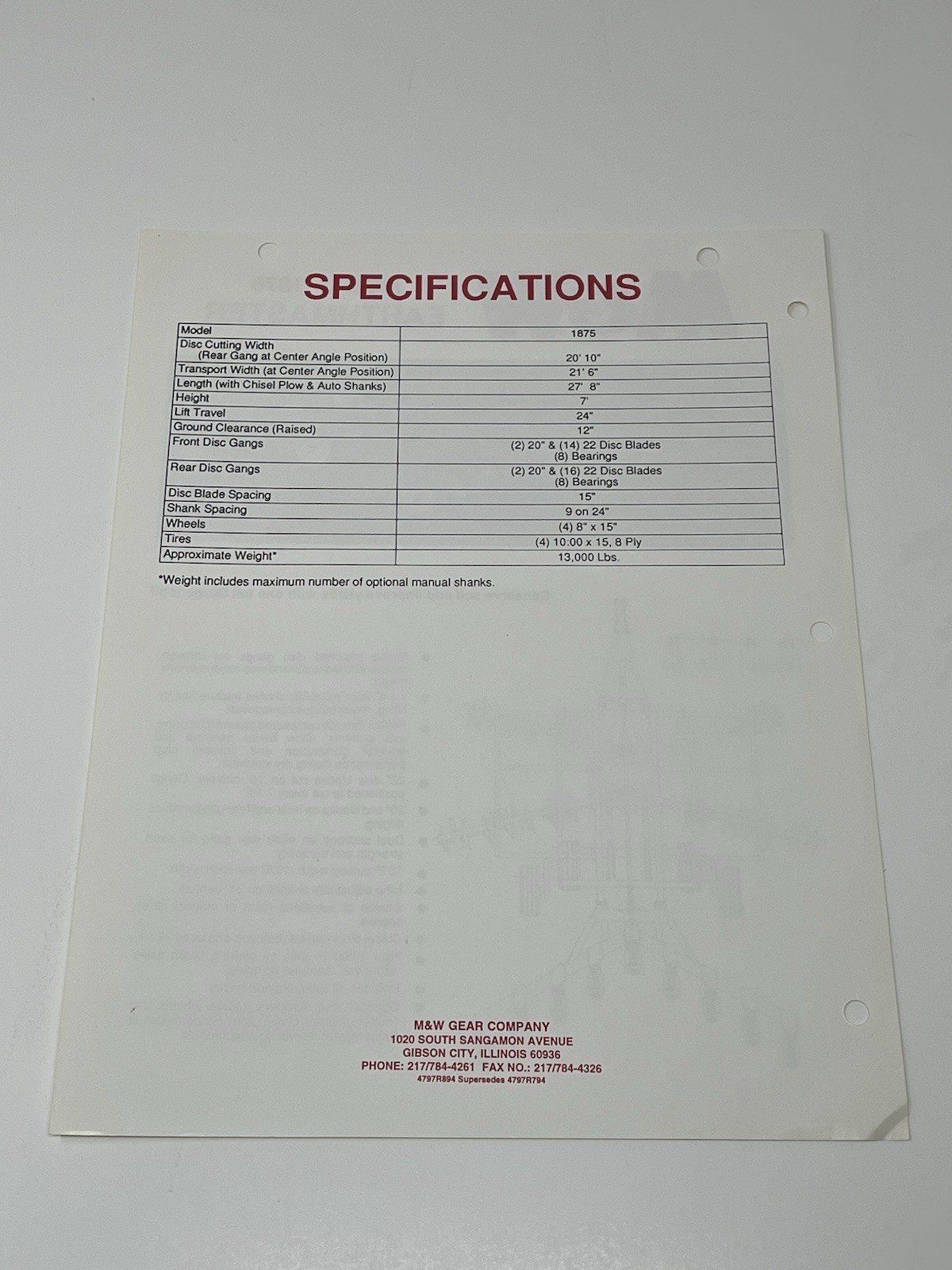 M&W Earthmaster Model 1875 General Specifications Dealer Sales Brochure