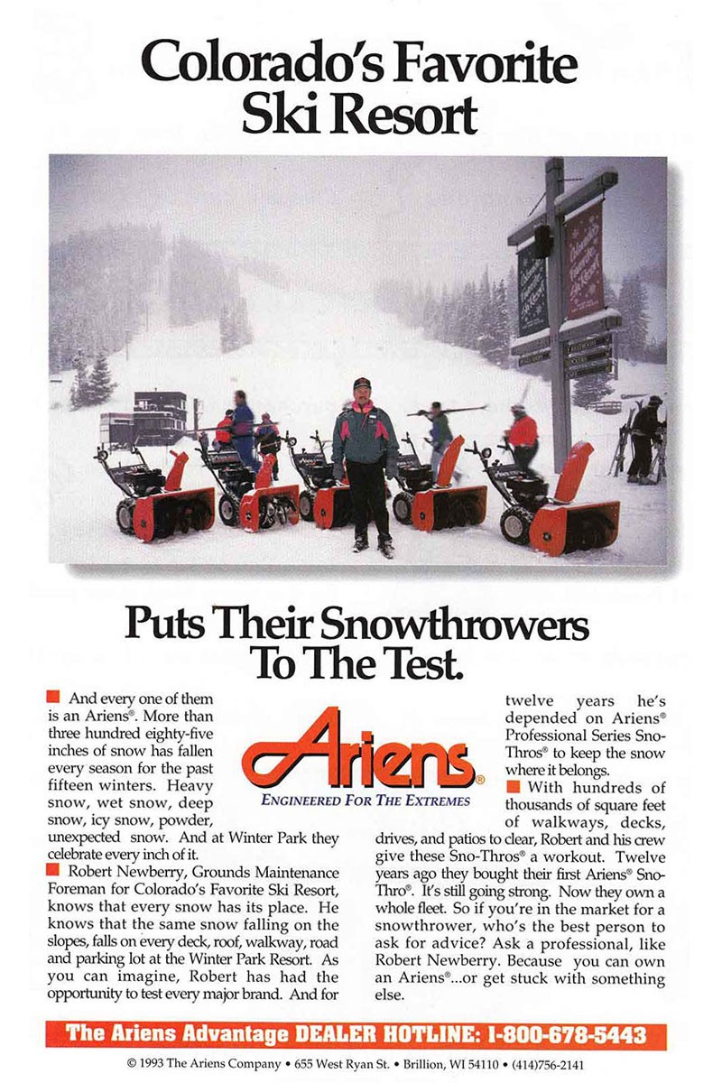 1993 Ariens Snowthrowers: Colorado&rsquo;s Favorite Ski Resort Vintage Print Ad