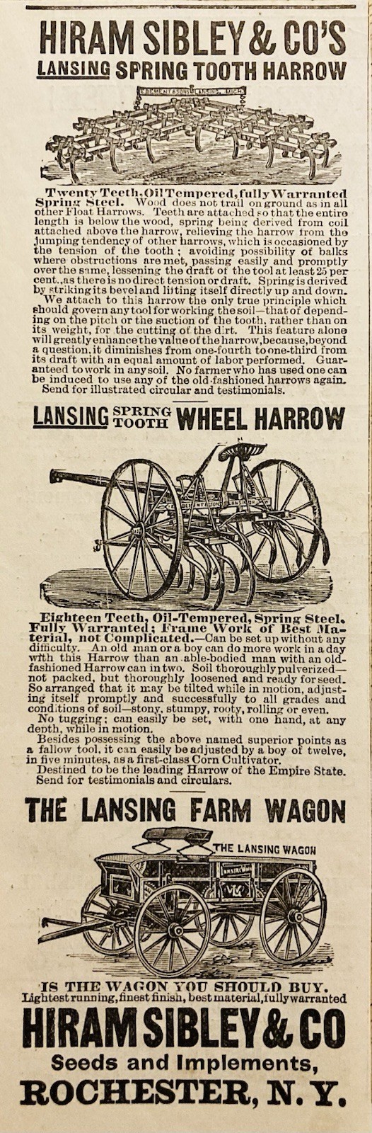 1882 AD.(XH84)~HIRAM SIBLEY CO. ROCHESTER, NY. SPRING TOOTH WHEEL HARROW