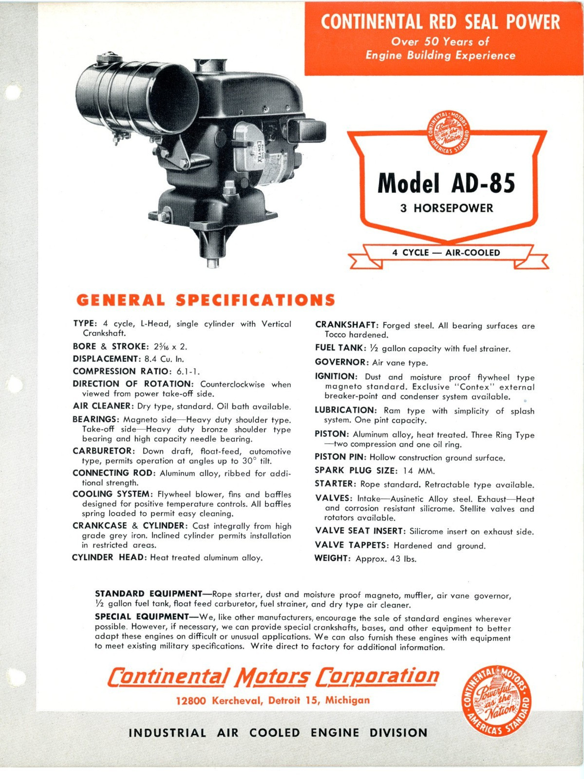 Continental Red Seal Air Cooled 3HP Engine model AD-85 1954 sales brochure