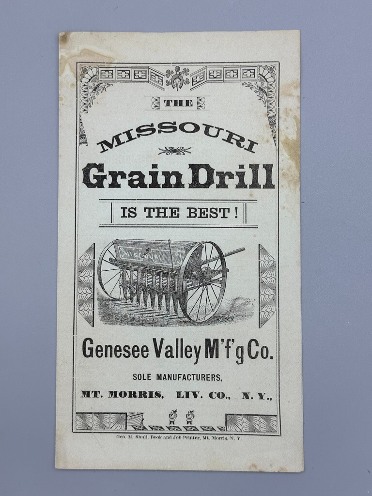 1880s MISSOURI GRAIN DRILL Farm Advertising Genesee Valley Mfg MT MORRIS NY