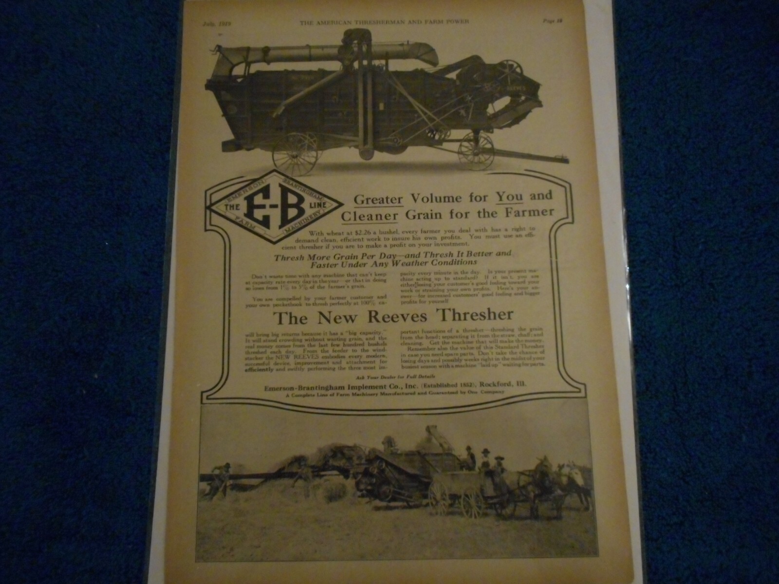 1919 Emerson Brantingham Implement Advertisement: Reeves No. 7379 Thresher