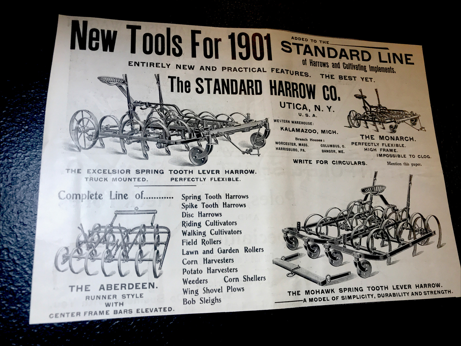ORIGINAL 1900 The Standard Harrow Co. Farm Advertising – Utica – New York