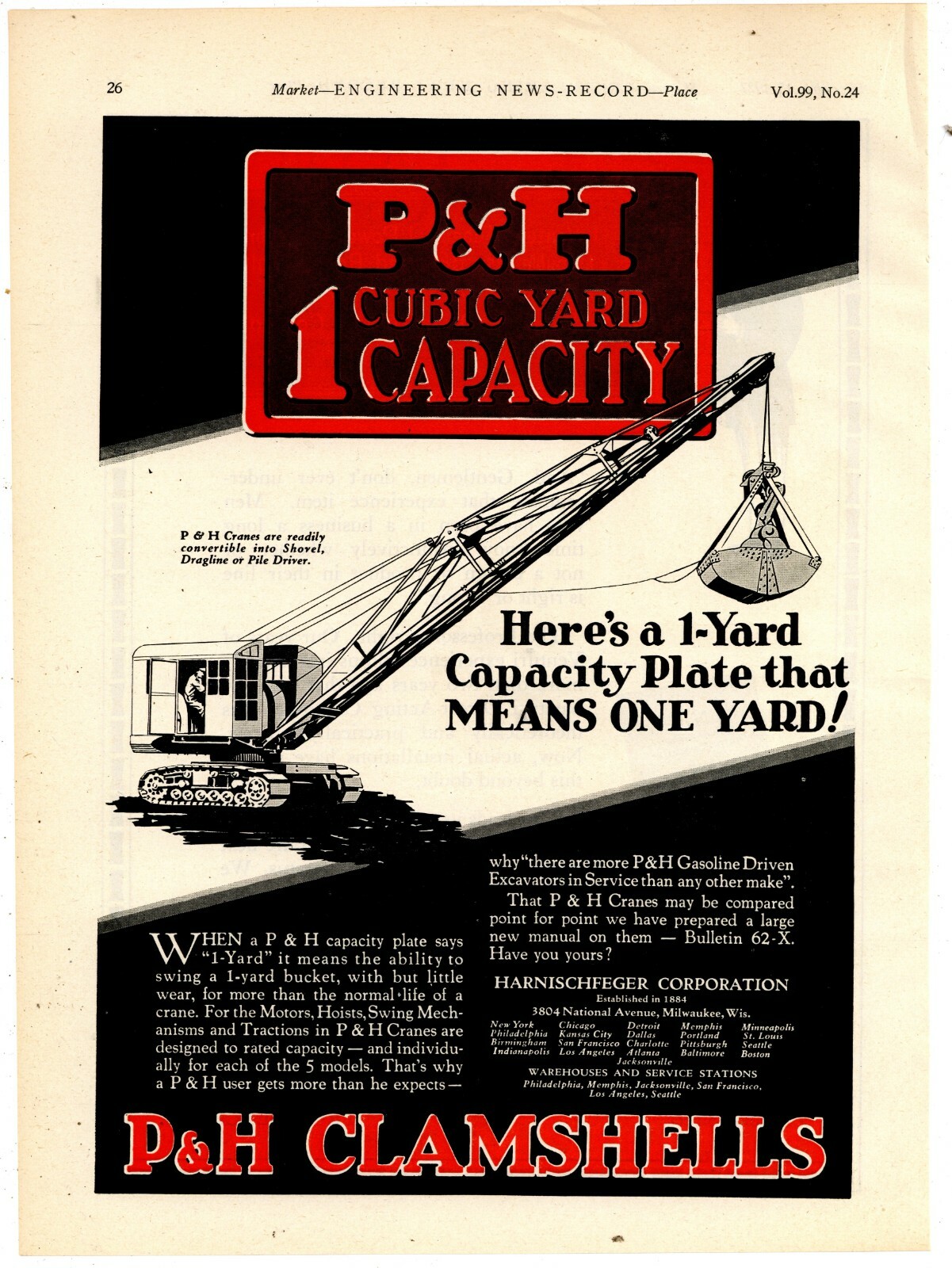 1927 P & H Harnischfeger Crane Ad: Shovel, Dragline, Pile Driver – Clamshell