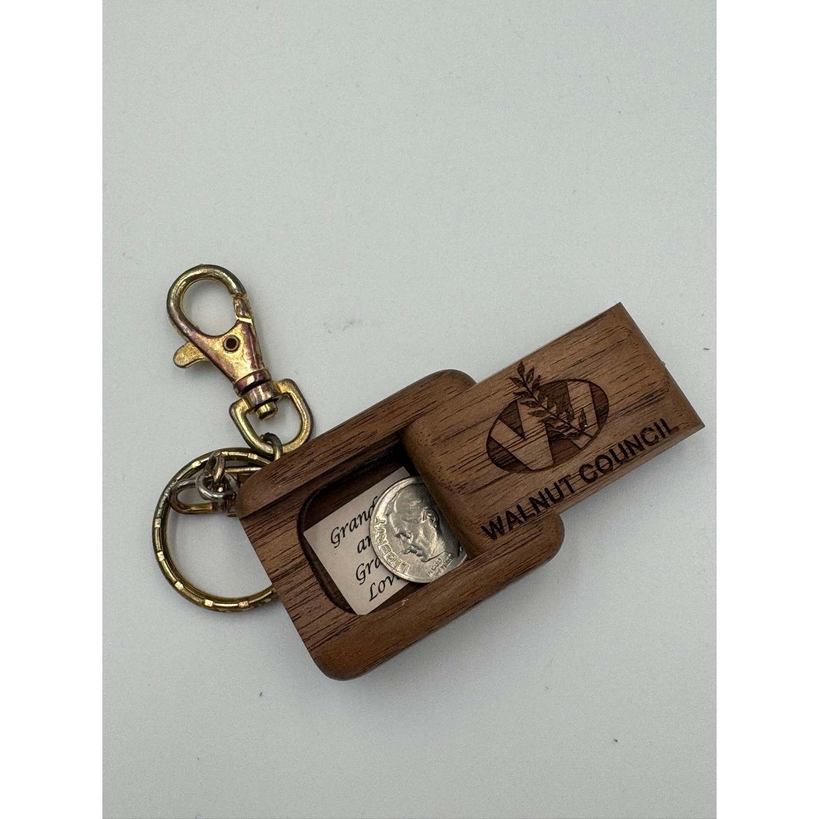 Walnut Council Wooden Sliding Box Keychain Engraved Logo Brown Gold Tone Clasp