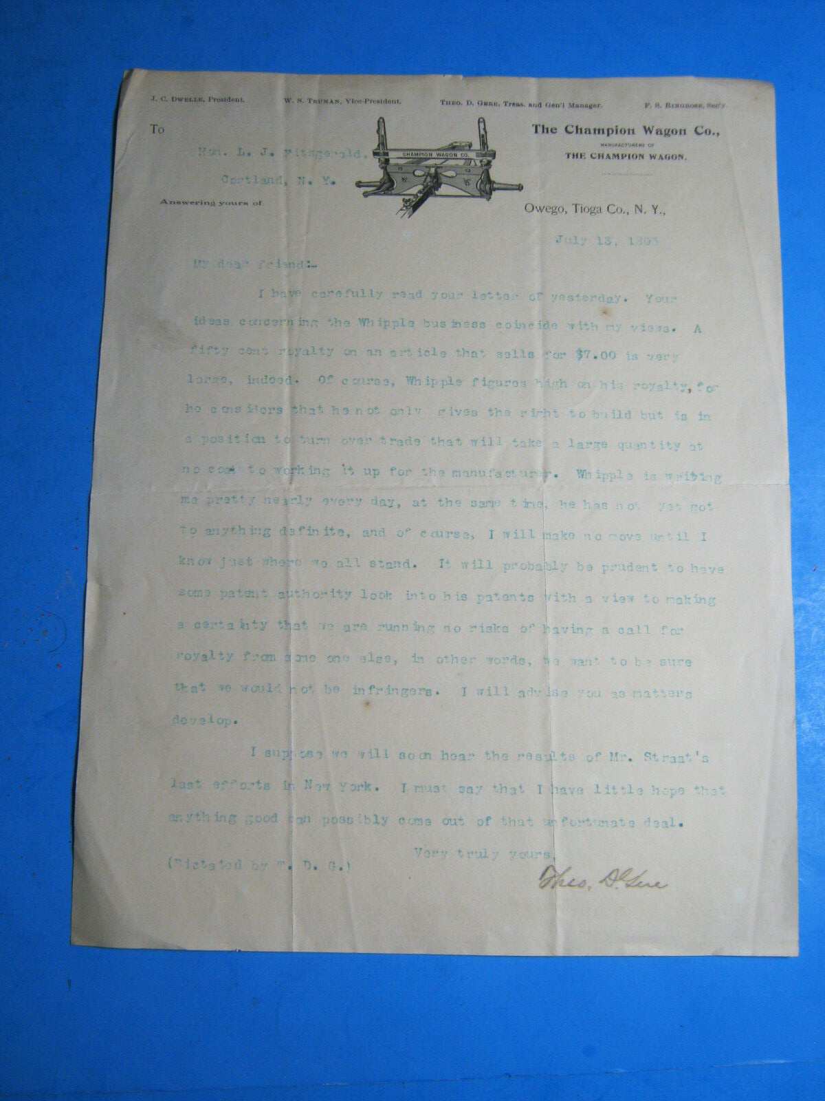 CHAMPION WAGON OWEGO TIOGA NY 1895 LETTERHEAD LETTER
