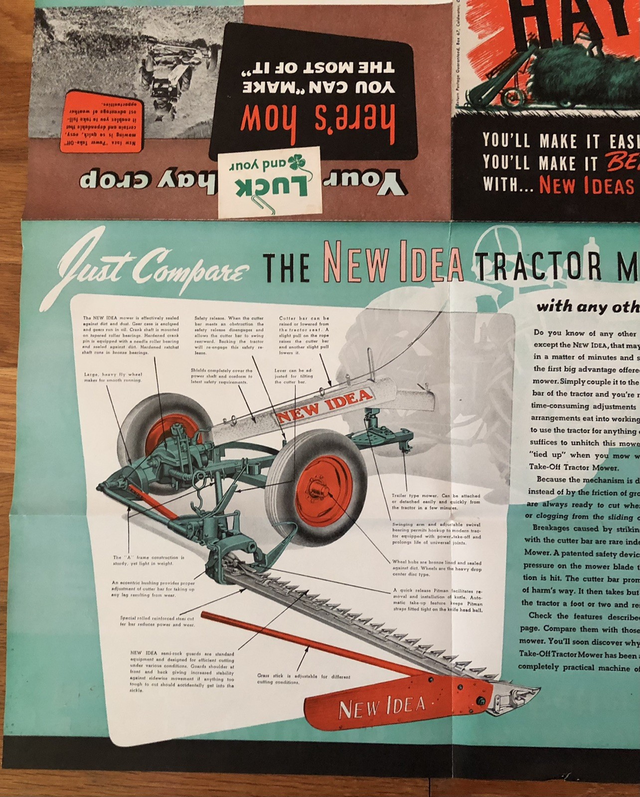 Vintage NEW IDEA Farm Tractor Hay Loader Mower Advertising Brochure Poster