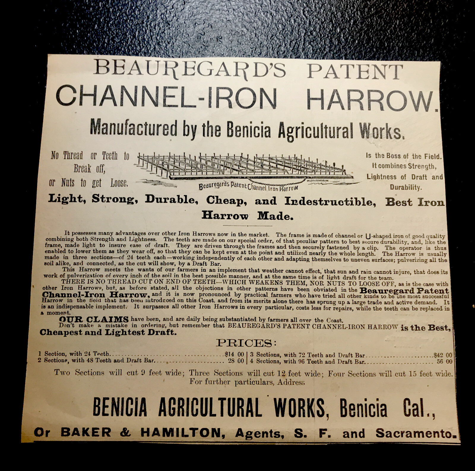 1882 Beauregard Harrow Farm Advertising – San Benicia – California