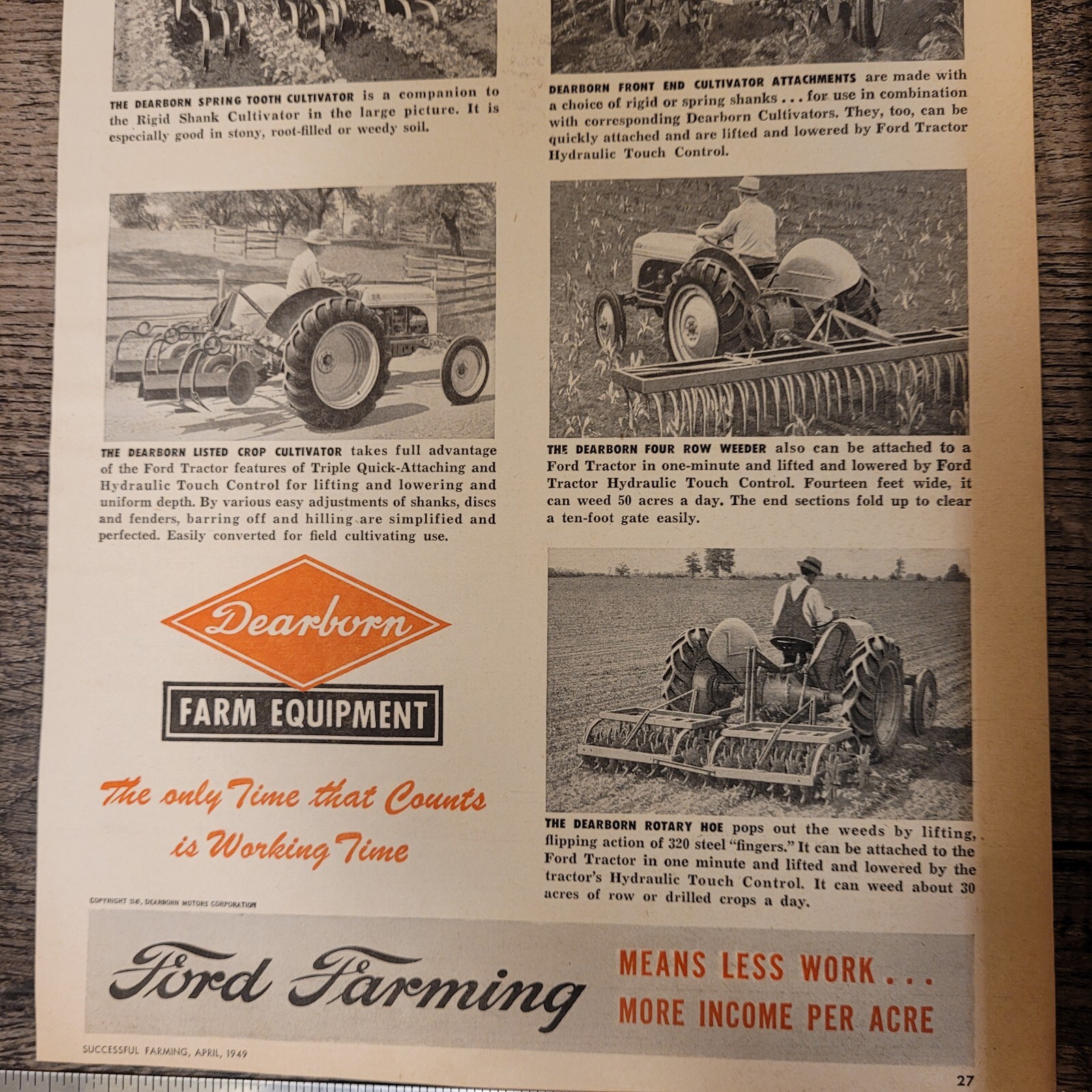 VTG 1949 DEARBORN FORD FARM EQUIP. Tractors/Cultivator Magazine PrintAd 11.5&Prime;x8&Prime;