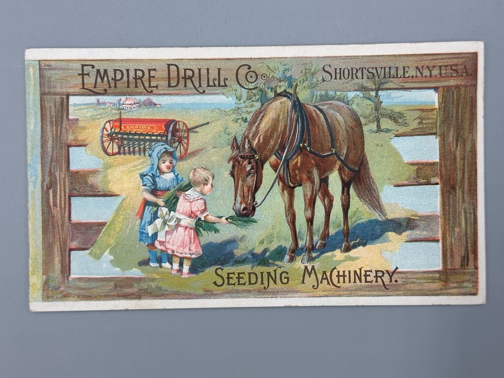 1880s EMPIRE DRILL Victorian FARM HORSE Advertising Trade Card SHORTSVILLE NY