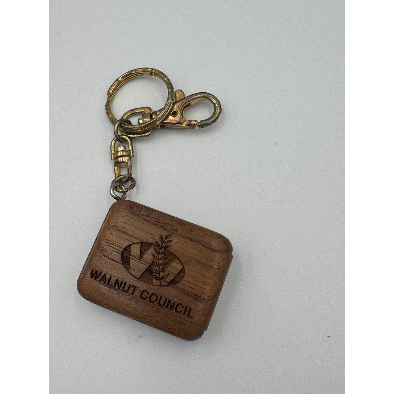 Walnut Council Wooden Sliding Box Keychain Engraved Logo Brown Gold Tone Clasp