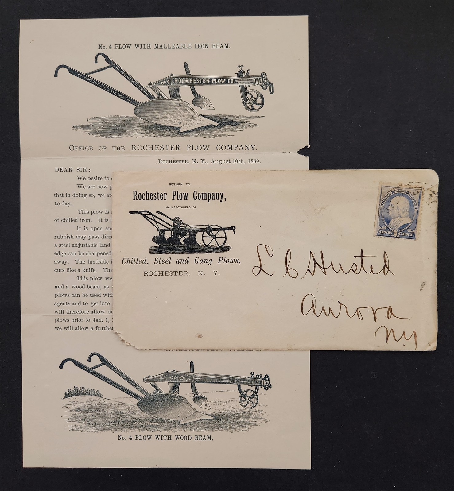 1889 antique ROCHESTER PLOW Co rochester ny AD ENVELOPE aurora HUSTED