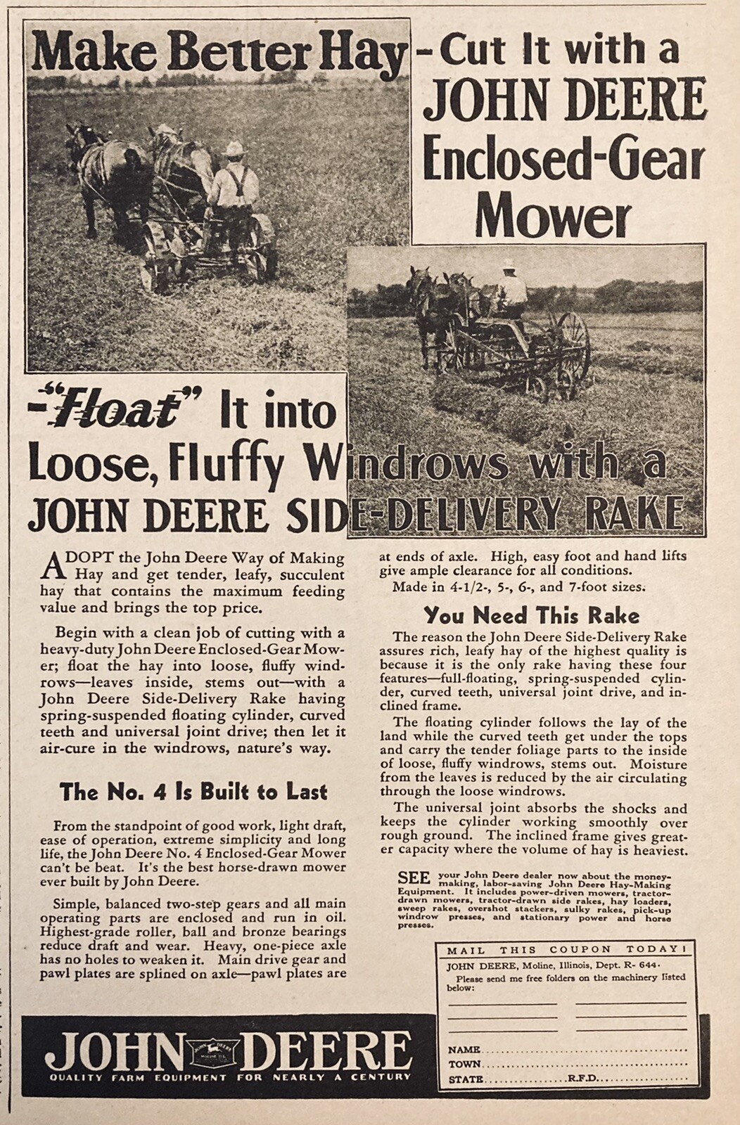 1936 AD.(XH17)~JOHN DEERE CO. NO.4 GEAR MOWER AND SIDE-DELIVERY RAKE